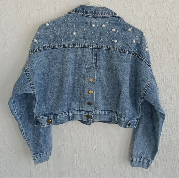 DAVI & DANI Pearl Accent Jean Jacket Cropped Denim Retro Madonna Vibes 80s Babe - Picture 10 of 14